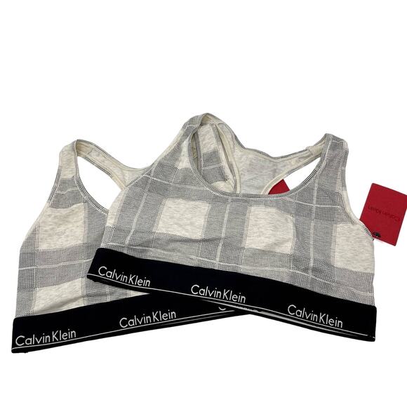 Calvin Klein NWT Modern Cotton Wireless Unlined Plaid Bralette 2 Pk L Black, Tan - Picture 1 of 7